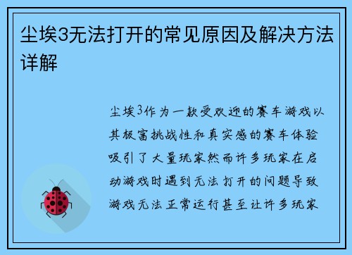 尘埃3无法打开的常见原因及解决方法详解