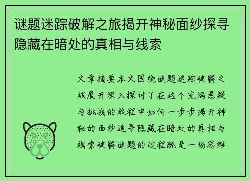 谜题迷踪破解之旅揭开神秘面纱探寻隐藏在暗处的真相与线索