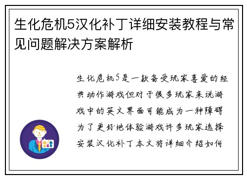 生化危机5汉化补丁详细安装教程与常见问题解决方案解析
